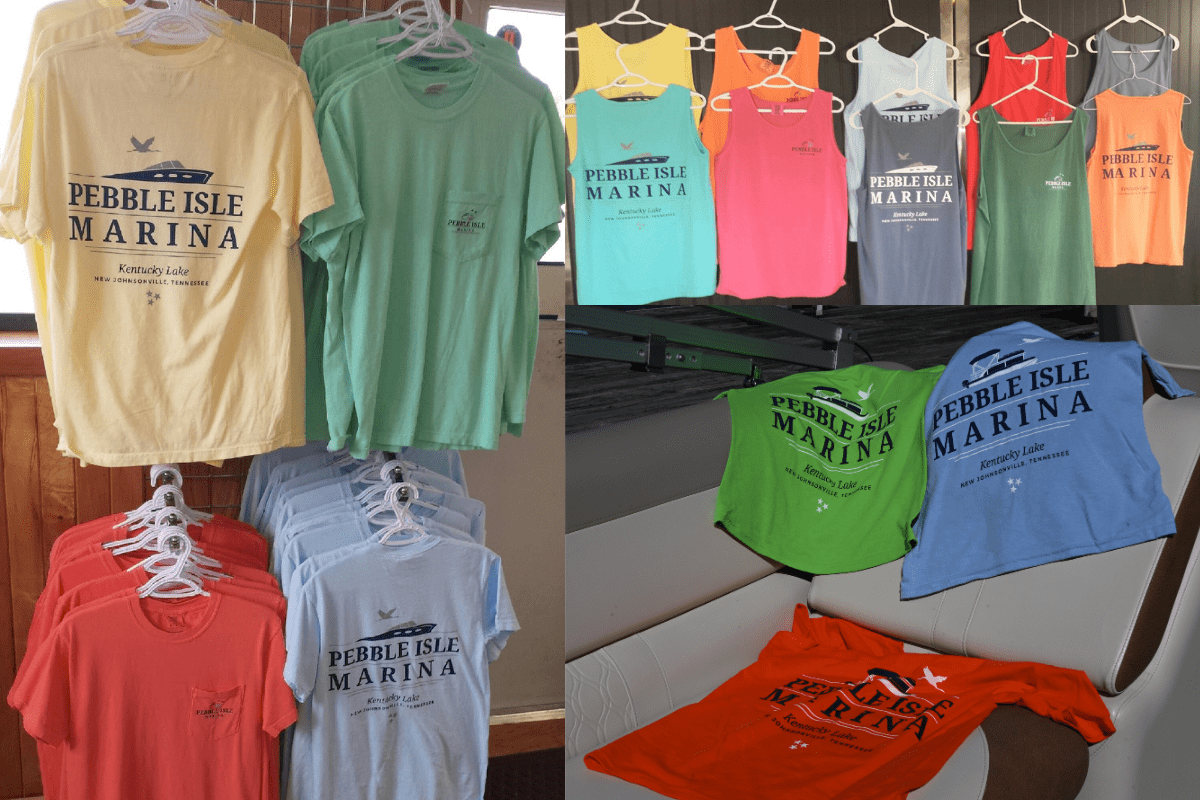 Kentucky Lake Boat Slip - Pebble Isle Ship Store - more shirts on display